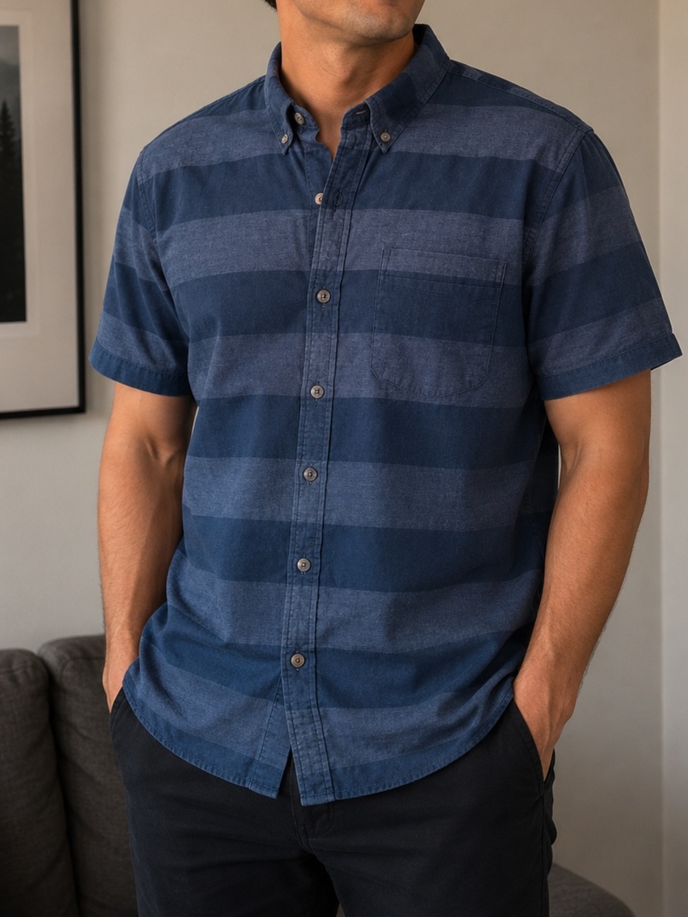 21 Men Men's Short-Sleeve Button-Down Shirt - Blue XL